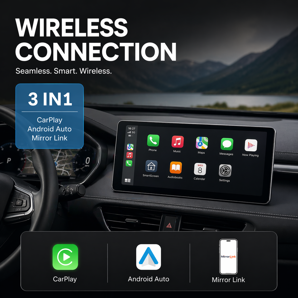 Wireless CarPlay & Android Auto Dashboard Display – Portable Touchscreen GPS & Backup Camera Support