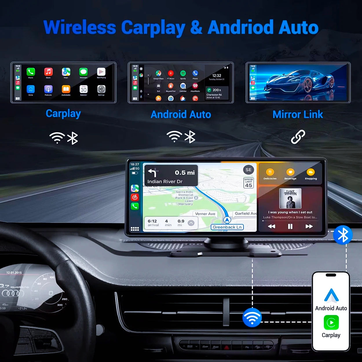 Wireless CarPlay & Android Auto Dashboard Display – Portable Touchscreen GPS & Backup Camera Support